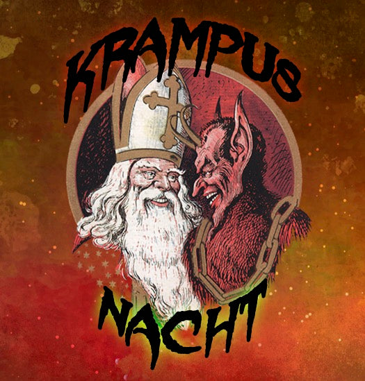 Santa and Krampus facing each other with the words Krampus and Nacht framing them above and below.