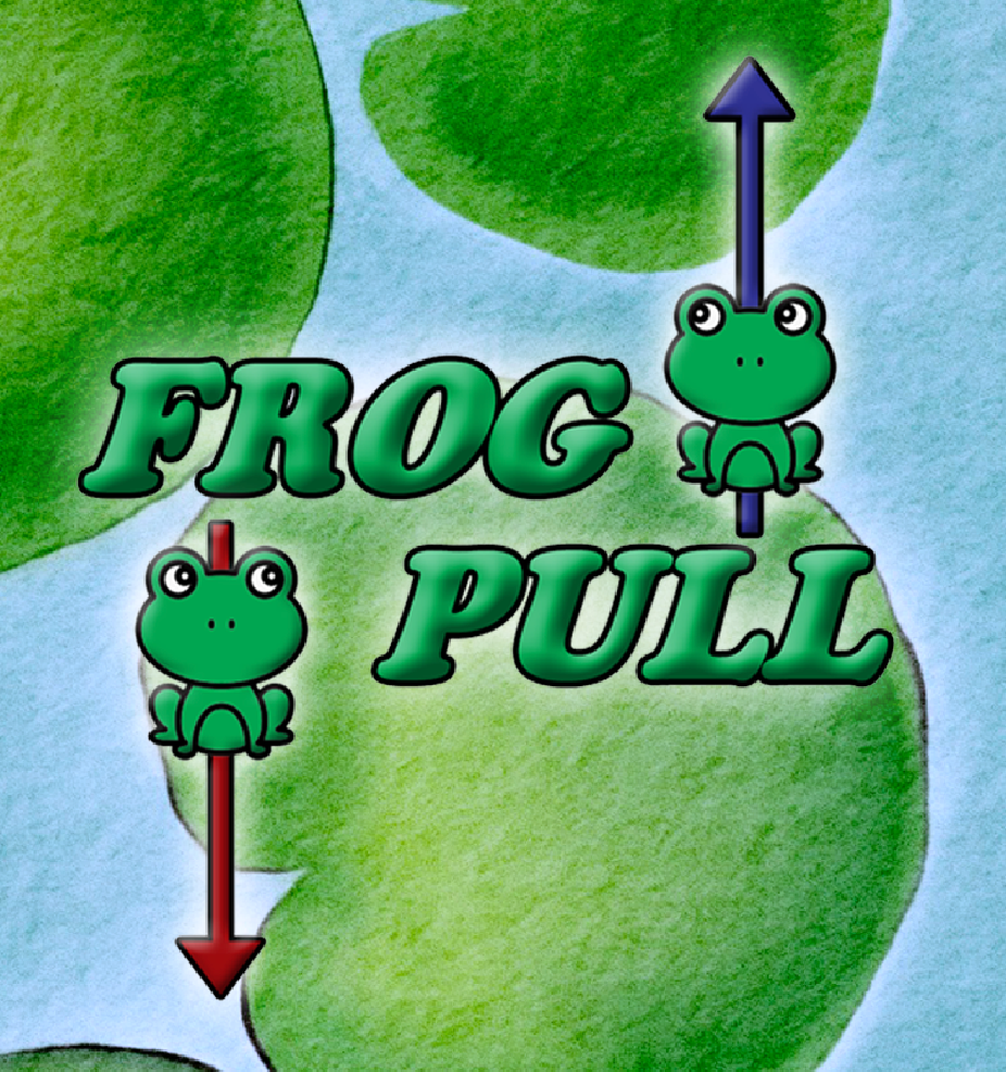 The words "Frog Pull" with two frogs, red and blue arrows pointing in opposite directions, over top of watercolor lily pads.
