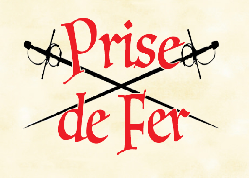 A pair of crossed swords with the words Prise de Fer in red on top.